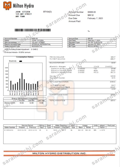 Canada Milton Hydro electricity bill Word and PDF template